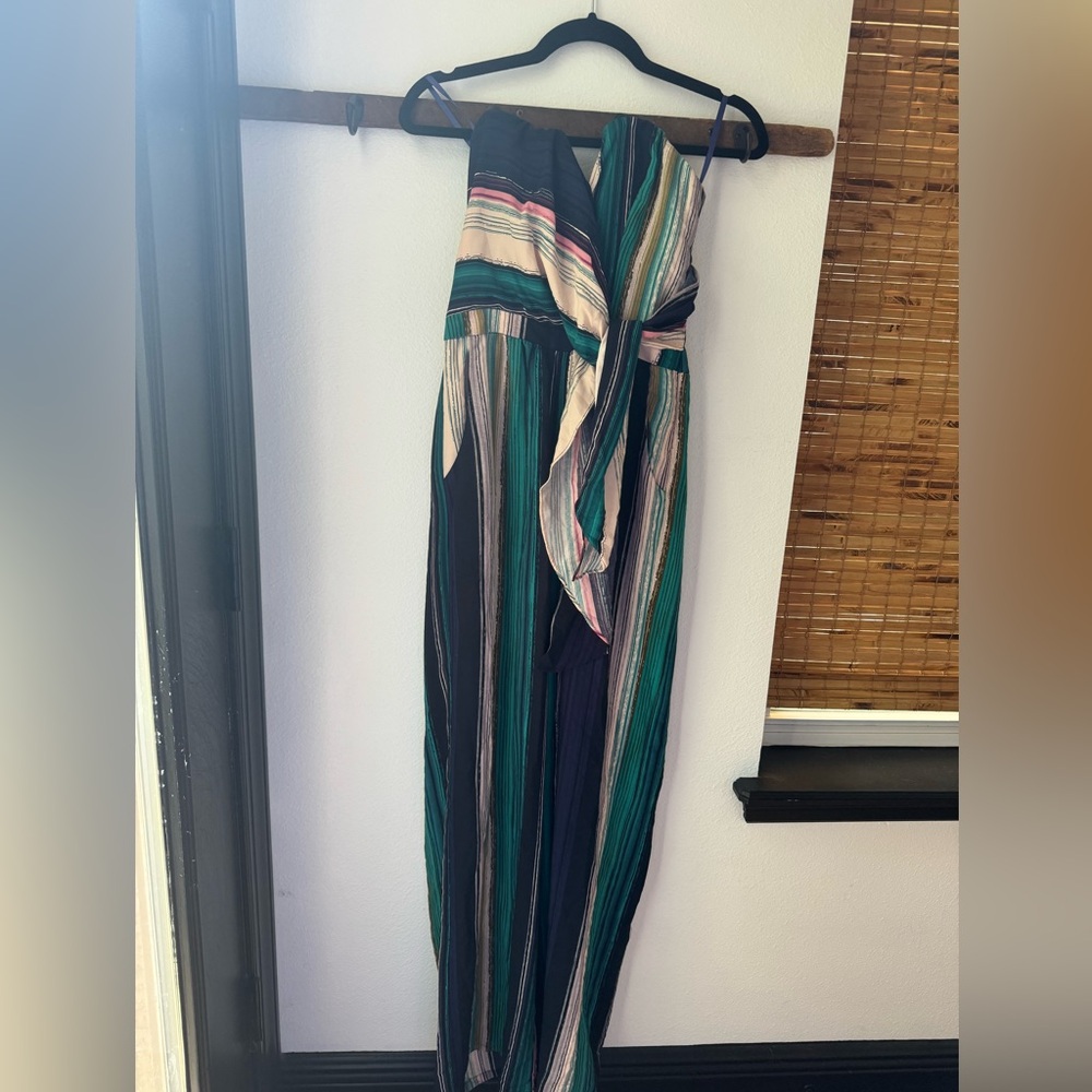 Anthropologie Elevenses striped strapless jumpsuit blue, white, pink and green